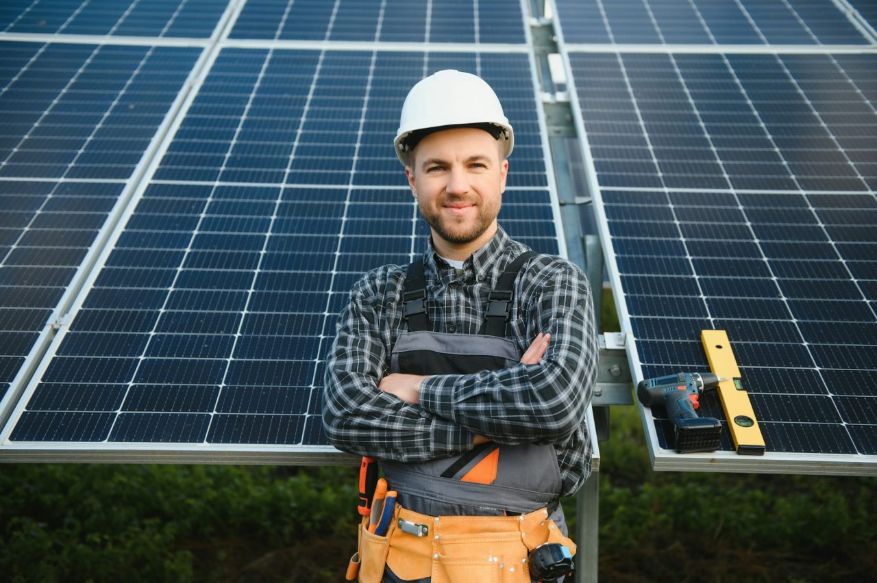 a handyman standing on the rooftop with solar panels and smiling at the camera .jpg
